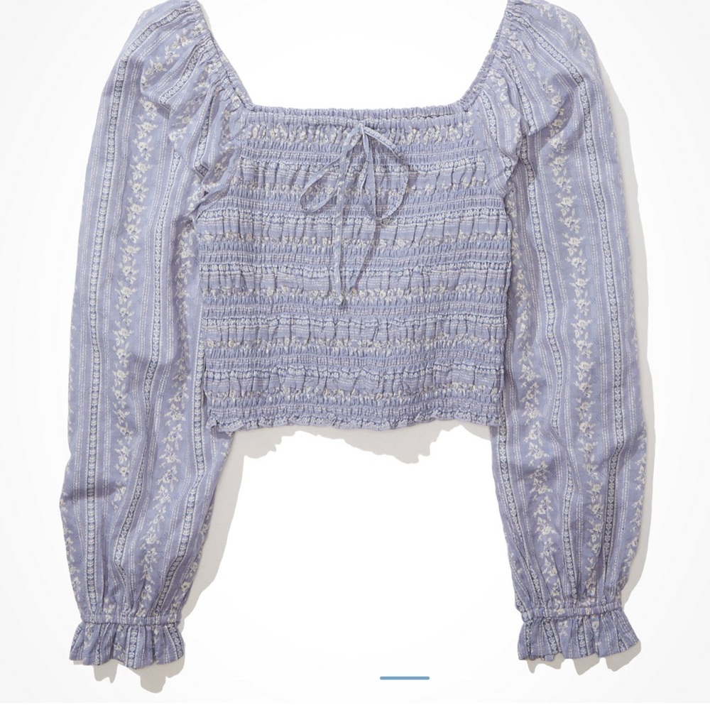 AE Smocked Puff-sleeve Square Neck Blouse
